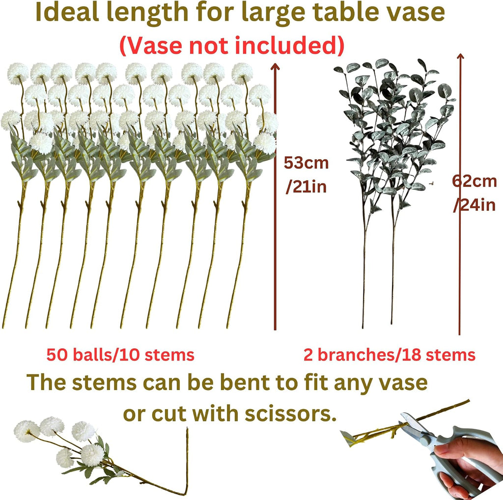 ryddelighome white faux kiku flowers for vase(not included), front angle view