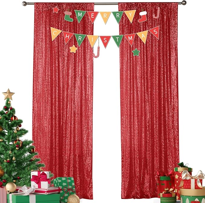 Sugargirl Red Sequin Backdrop Curtain 2 Panels 2FTx8FT Glitter Red Background Drapes Sparkle Photography Backdrop for Party Wedding Birthday Wall Decoration