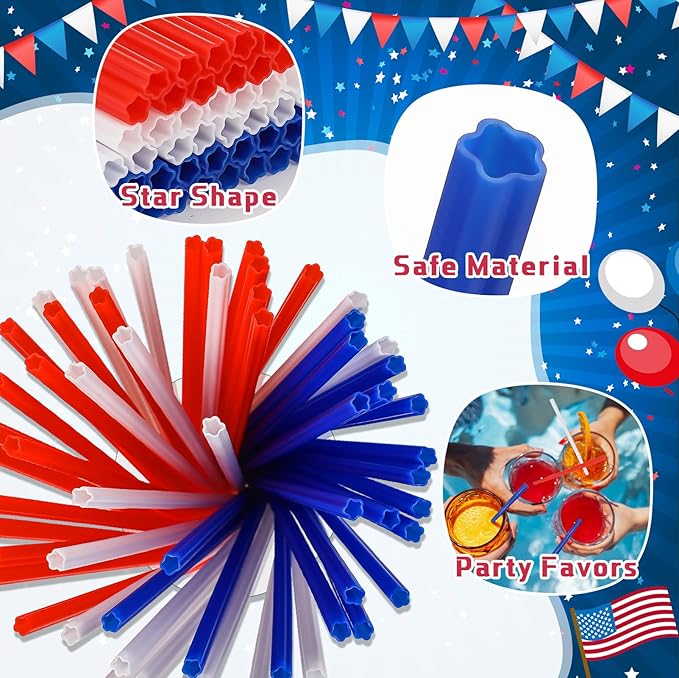 120 Pcs Plastic Straws Red Blue White Star Shaped Straws Patriotic Disposable Drinking Cute Straw for Veterans Day 4th of July Independence Day Party Beverage Cocktail Remembrance Supplies
