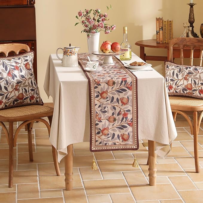 patdrea Designer Vintage SaddleBrown Extra Long Linen Table Runner 118 Inch Long,Pomegranates Pattern Table Mat, Decor for Kitchen Dining Coffee Table Shelf Cabinet Banquet Christmas ,12"*118"