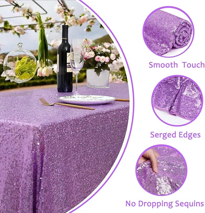 QueenDream Tablecloth 90x156 Rectangle Sequin Tablecloth Lavender Wedding Table Linens Glitter Birthday Bridal Party Indoor Outdoor Decorations