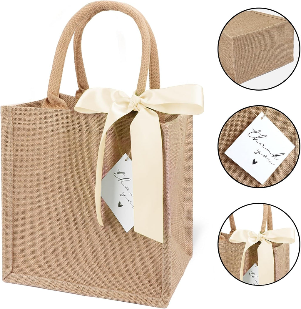 6 Pack Burlap Tote Bags with Handles Reusable Small Jute Gift Bags with Light Beige Silk Ribbons Waterproof Lining for Wedding Bridesmaid Mother's Day Bachelorette Beach Party