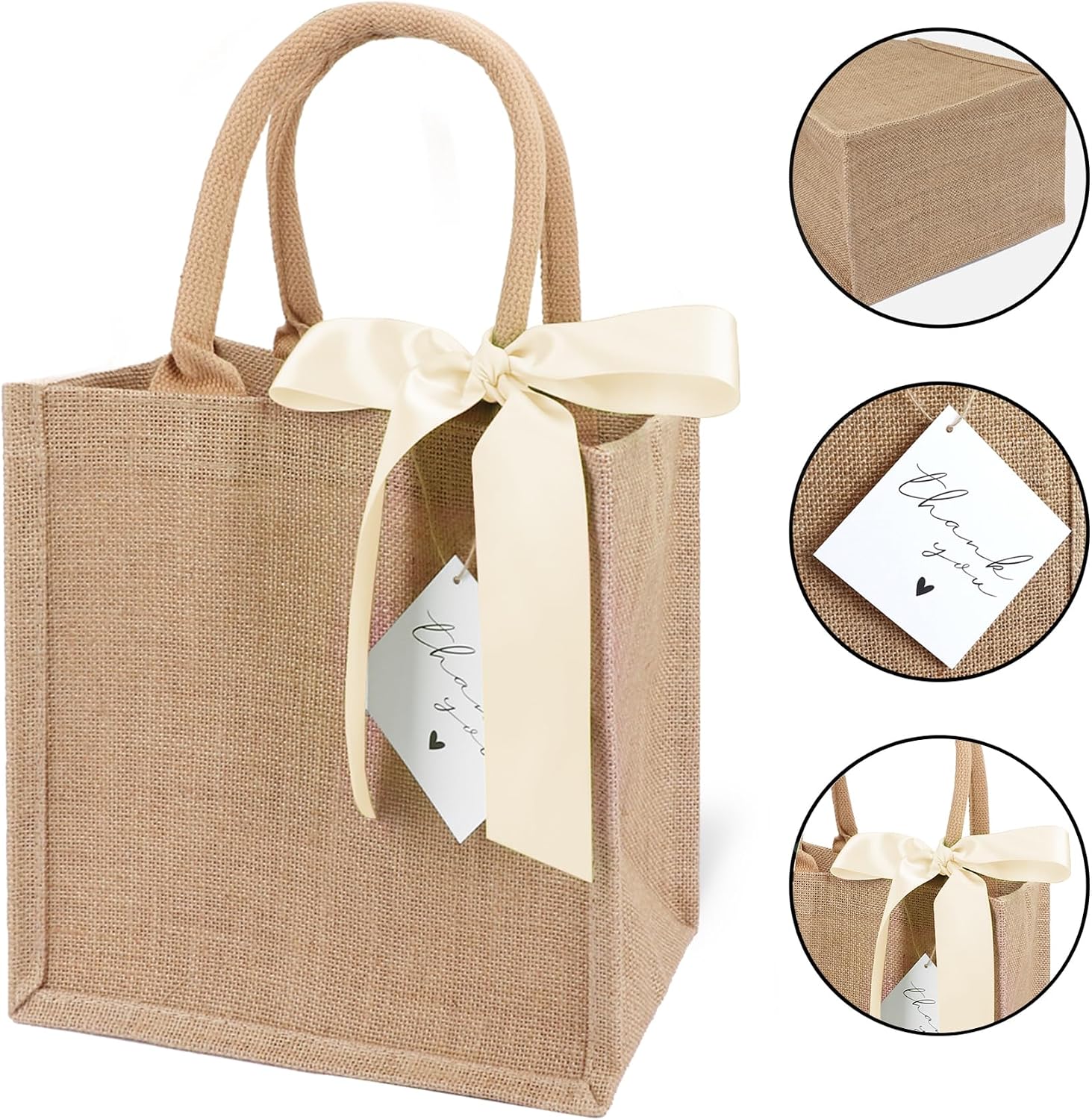 6 Pack Burlap Tote Bags with Handles Reusable Small Jute Gift Bags with Light Beige Silk Ribbons Waterproof Lining for Wedding Bridesmaid Mother's Day Bachelorette Beach Party