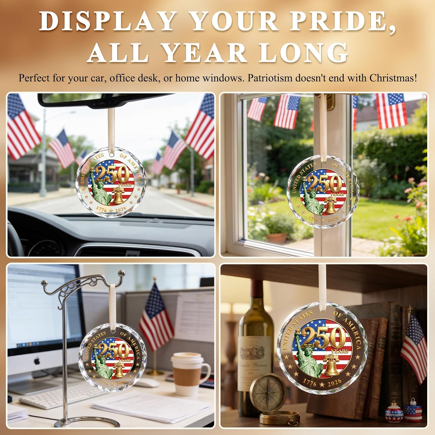 250 Anniversary USA Ornament for 4th of July Decorations - Crystal Glass Patriotic Christmas Ornaments - 1776-2026 Statue of Liberty Bell & US Flag Keepsake for Veterans Day and Holiday Gifting