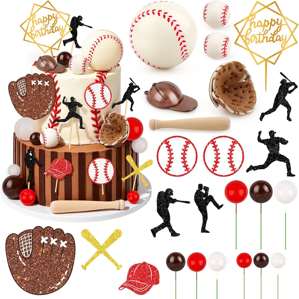 Hooqict 25Pcs Baseball Cake Decorations Set with Mini Balls, Player, Caps, Gloves, Bats, Baseball Birthday Cake Toppers & Cupcake Toppers for Kids Boys Sports Themed Birthday Party Decorations