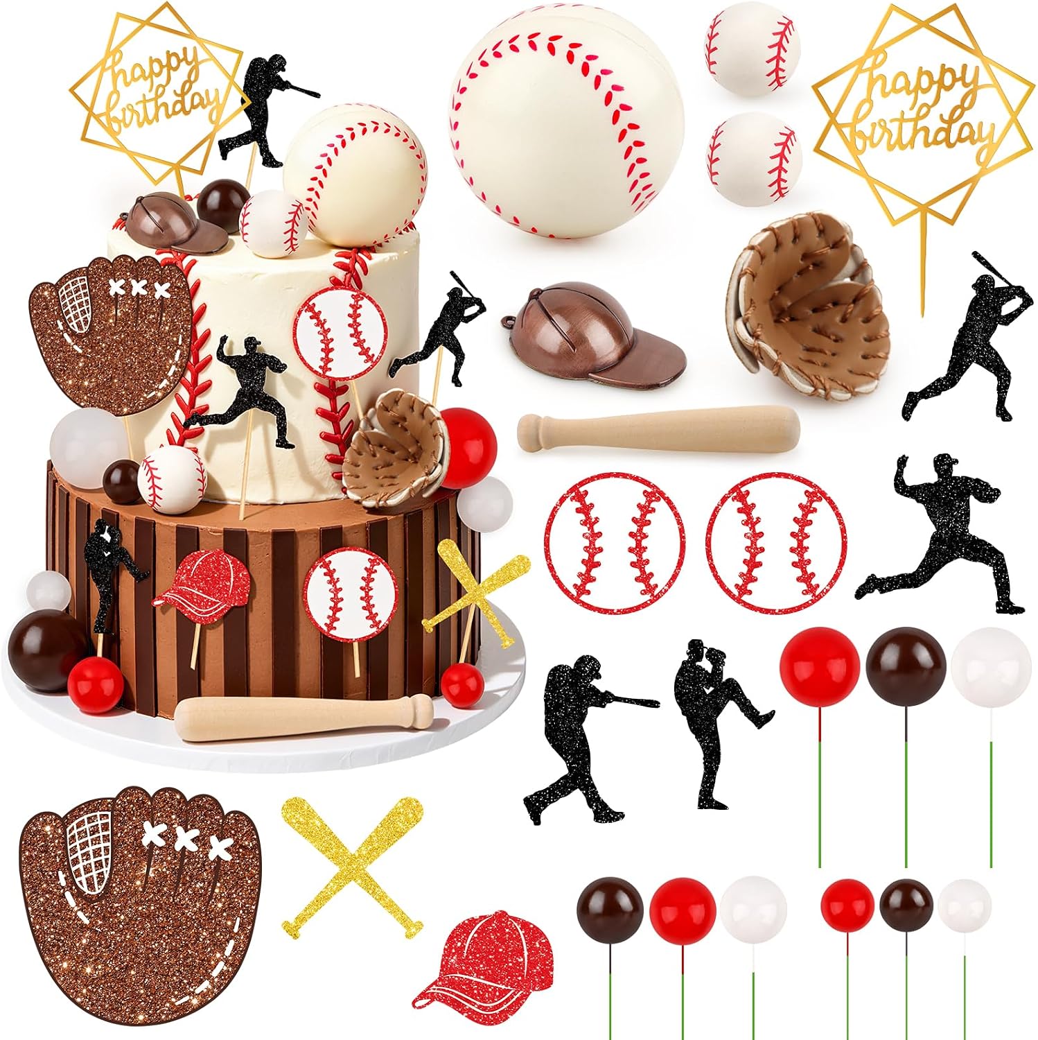 Hooqict 25Pcs Baseball Cake Decorations Set with Mini Balls, Player, Caps, Gloves, Bats, Baseball Birthday Cake Toppers & Cupcake Toppers for Kids Boys Sports Themed Birthday Party Decorations