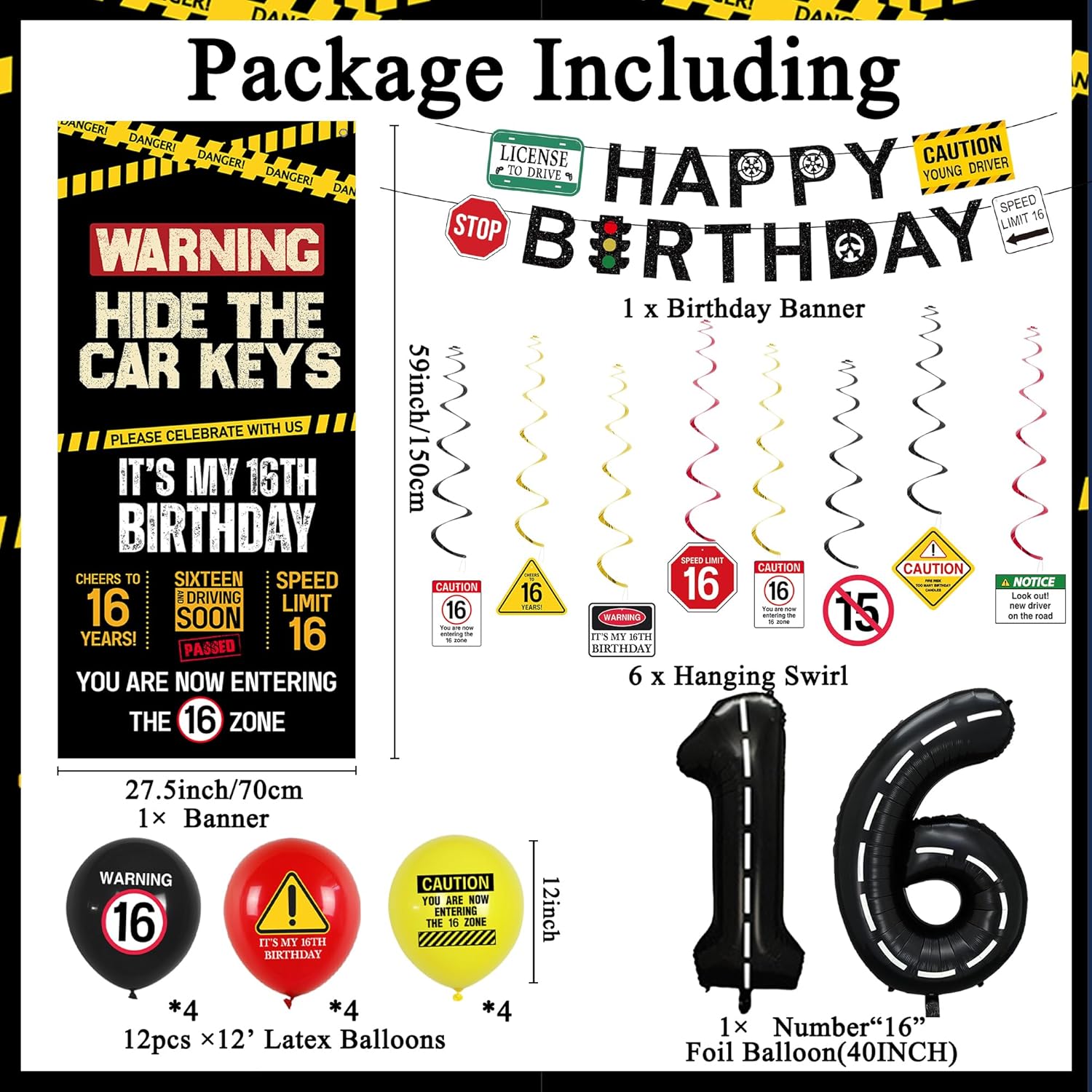 Roetyce 16th Birthday Decorations Boys Girls, Hide The Car Keys Happy 16th Birthday Banner Backdrop Balloons Hanging Swirls, Caution Logo Themed 16 Years Old Party Yard Door Wall Cover Background