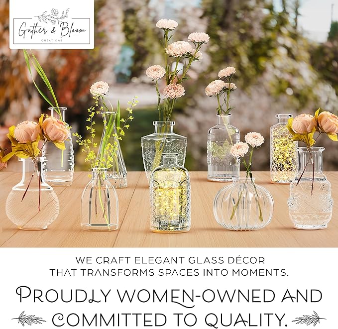 Gather & Bloom Creations Glass Bud Vases in Bulk – Set of 10 Mini Wedding Centerpiece Vases – Durable, Vintage-Inspired Clear Glass Vases for Flowers and Table Decor