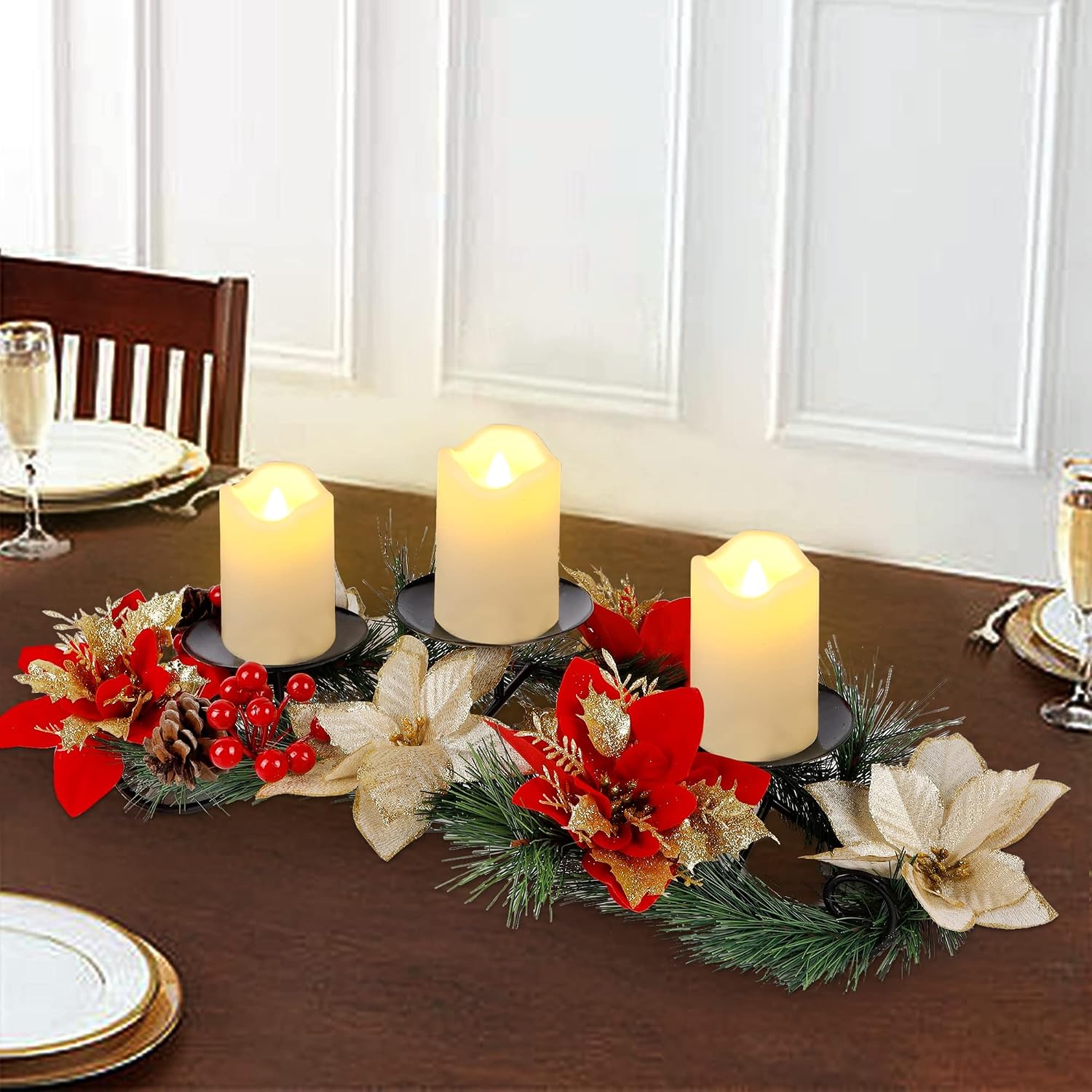 FORUP Christmas Centerpiece, Christmas Candle Holders, Christmas Tabletop Poinsettia Centerpiece with 3 Flameless Candle, Romantic Holiday Candelabrum for Home Party Christmas Table Mantel Decorations