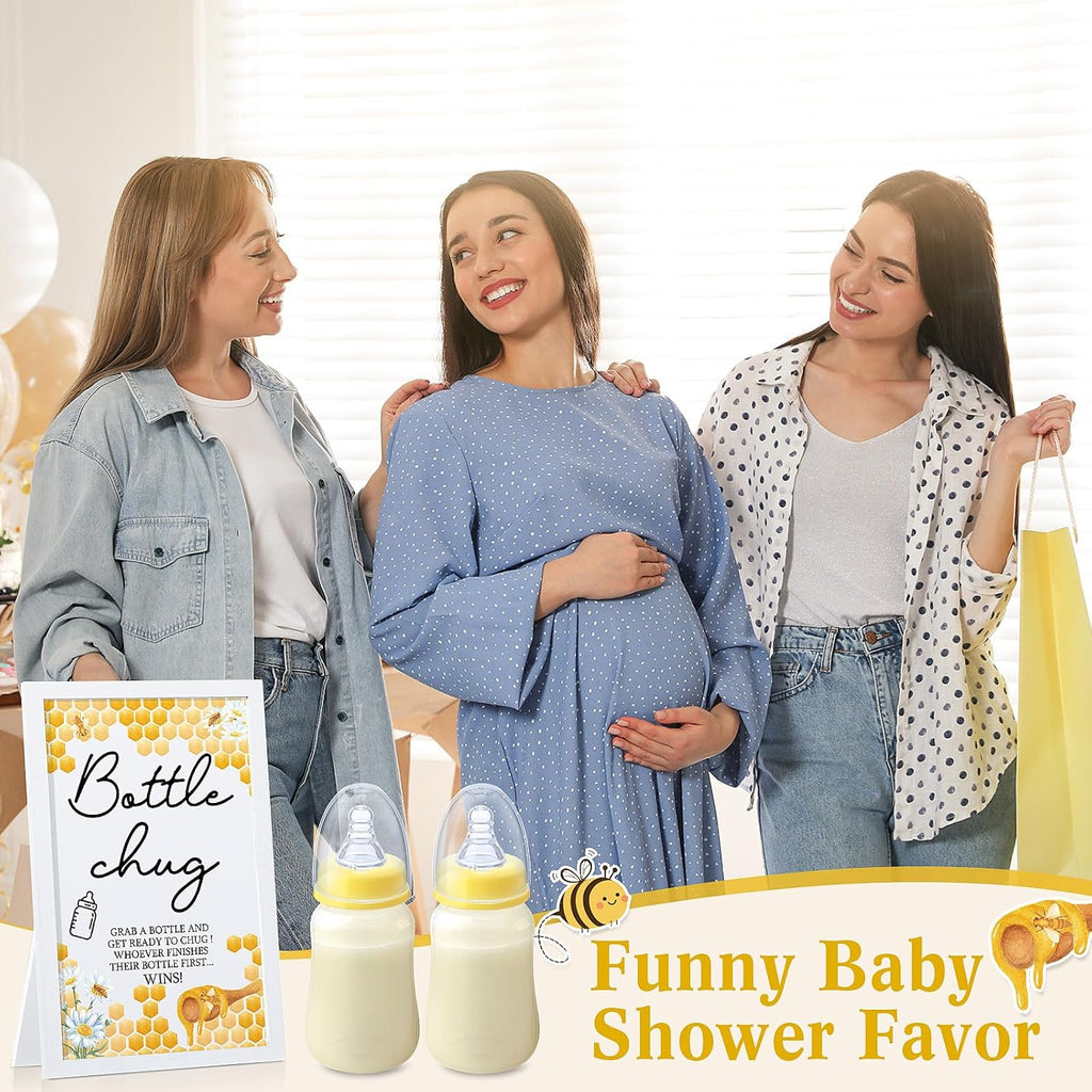 Roowest Bottle Chug Baby Shower Games Favors Including 18 Pcs Bottles with 1 Bottle Chug Wooden Sign for Gender Reveal Baby Shower Party Supplies(Yellow,Bee)