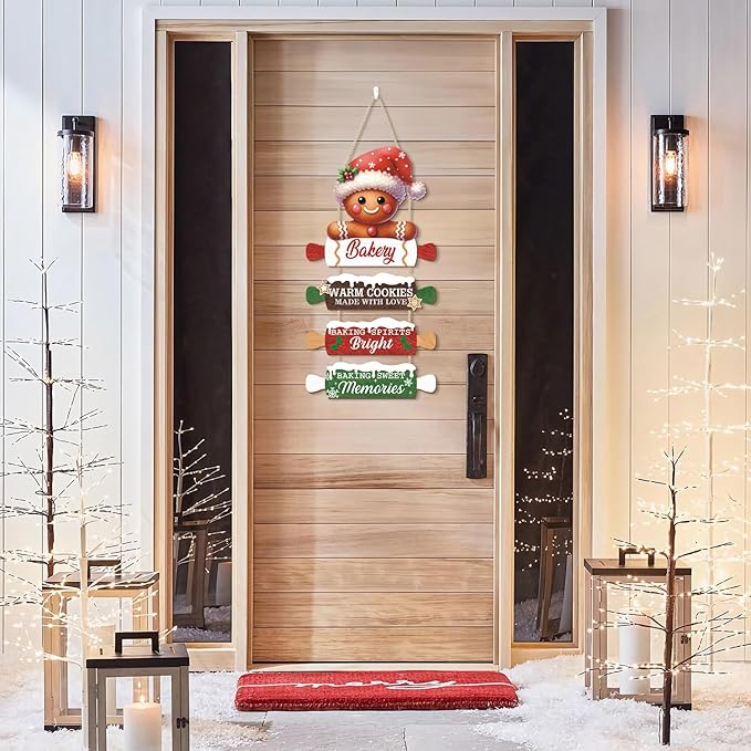 CHDITB Wooden Gingerbread Bakery Christmas Door Hanger, Rustic Christmas Wall Hanging Sign with Cookies Rolling Pin Warm Saying, Farmhouse Xmas Winter Holiday Decor for Indoor Outdoor
