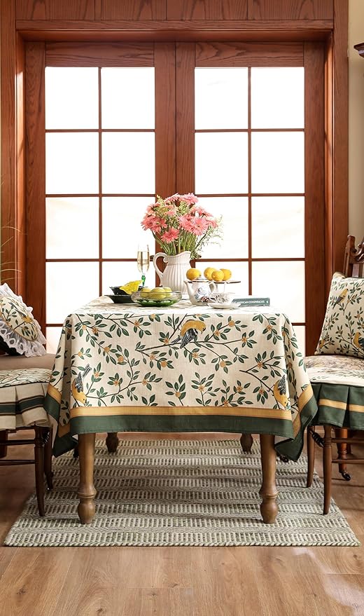 patdrea Designer French Table Cloth for Rectangle Table,Vintage Green Linen Birds and Leaves Pattern Tablecloths,Dacorative Cover Kitchen Dining,Christmas,Thanksgiving,Party,63"x102"-Warbler