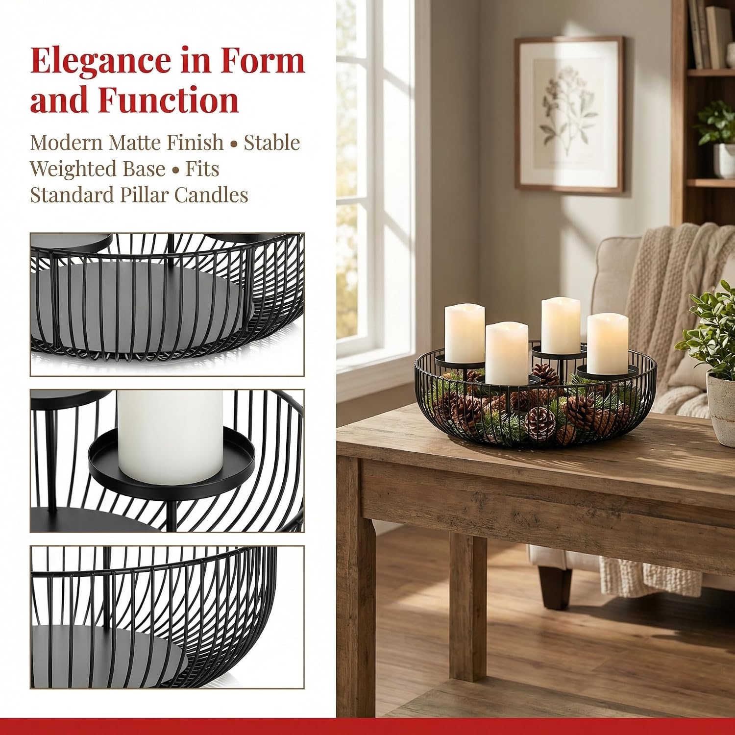 4-Tray Matte Black Candle Holder - Round Pillar Candle Holder for Fireplace Mantel, Dining Table Centerpiece, Modern Wire Basket Candle Stand for Home Decor, Wedding & Holiday Decorations