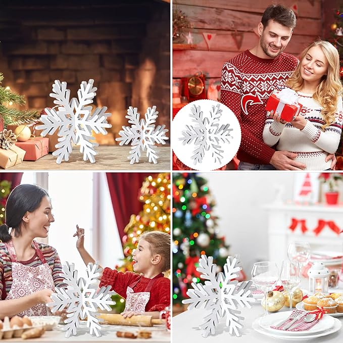 Bucherry 12 Pcs Wooden Snowflake Table Decor 3D Snowflake Tabletop Signs and Centerpiece for Christmas Xmas Winter Wonderland Decorations Home Party(White)