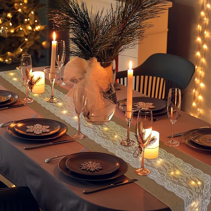Tudomro 12 Pcs Burlap Table Runner with LED String Lights 12 x 108 Inches Rustic Jute Lace Table Runners Farmhouse Jute Linen Decoration Wedding Decor for Holiday Party Wedding Decorations