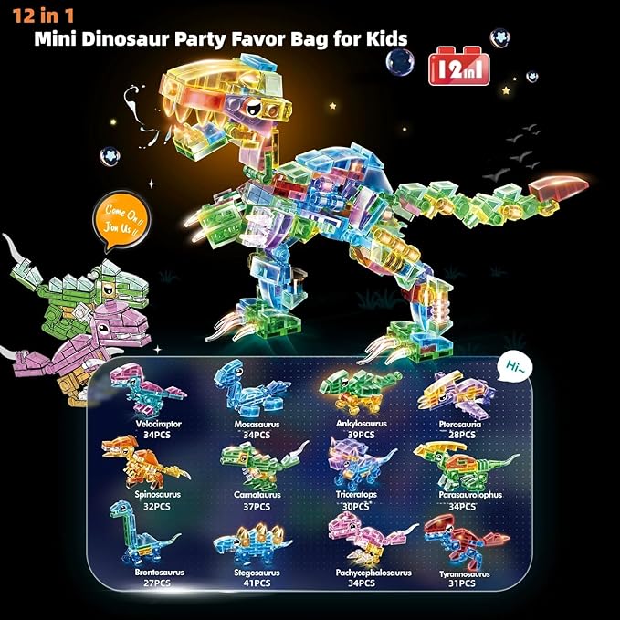 Crystal Dinosaur Party Favors for Kids,12 in 1 Mini Dinosaur Building Blocks Toy Animals Building Sets,Dino Party Goodie Bags Fillers,Classroom Prizes Christmas Birthday Gift for Student,Kid Age 6-12