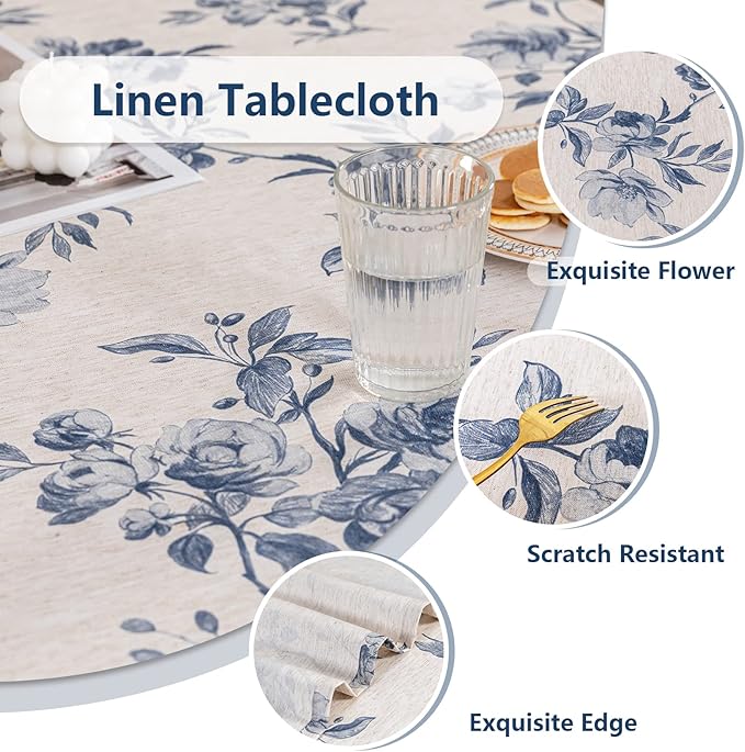 MYSKY HOME Rectangle Tablecloth 60x102 Inches, Linen Farmhouse Tablecloth Waterproof Decorative Fabric Table Cloth for Kitchen Party Floral Tablecloth for 6 Feet Table Blue and Grey Tablecloth