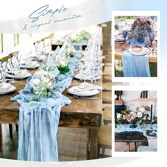 Aktor 12 Pack Light Blue Table Runner Boho Cheesecloth Table Runner Semi Sheer Gauze Fabric Runners for Wedding Birthday Baby Shower Party Boho Table Decoration（Light Blue）