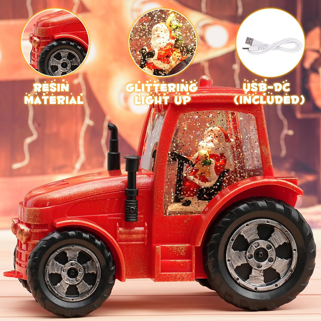 Christmas Snow Globe Lantern, Musical Lighted Red Tractor Snow Globe, 6H Timer, Battery & USB Powered Spinning and Swirling Glitter Christmas Santa Snow Globes Decorations Gifts for Old Man, Father