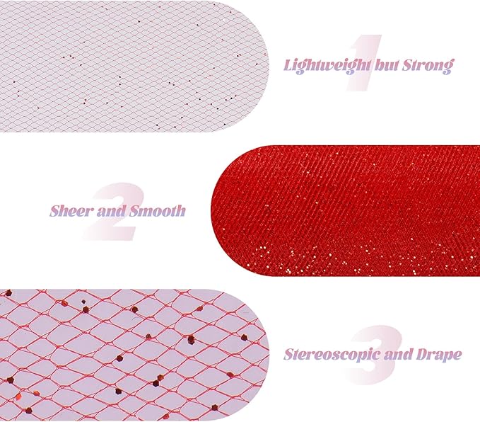 Glitter Tulle Rolls 6” by 50 Yards Sparkle Tulle Fabric Ribbon Sequin Tulle Netting Rolls for DIY Tutu Skirt Wedding Birthday Party Decoration (Red)