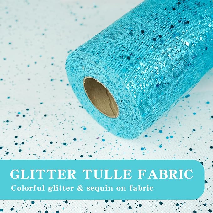 Glitter Tulle Rolls, 6” by 50 Yards (150FT) Sparkling Tulle Spool Ribbon Sequin Tulle Netting Fabric for Tutu Skirt Wedding Birthday Baby Shower (Peacock)