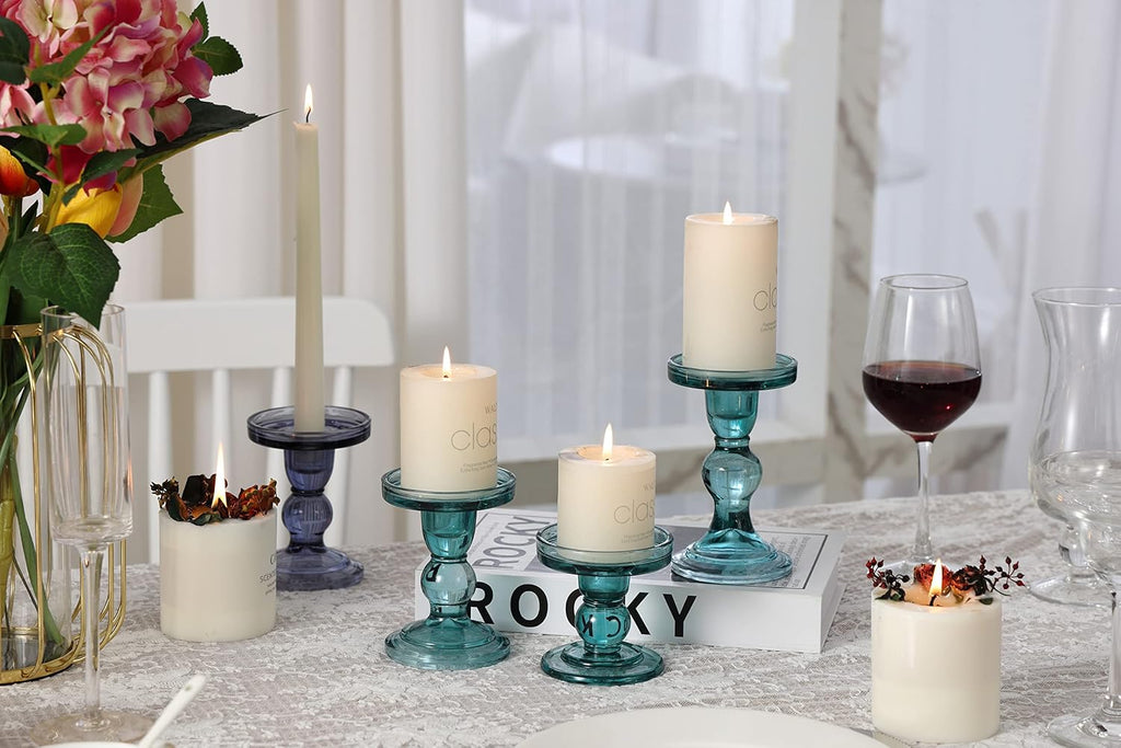 GMWD 3 Pcs Glass Candle Holder Set Clear, Green Candlesticks Holders Pillar Taper Candles Tealight Stand for Wedding Centerpieces Home Decorations Dining Table