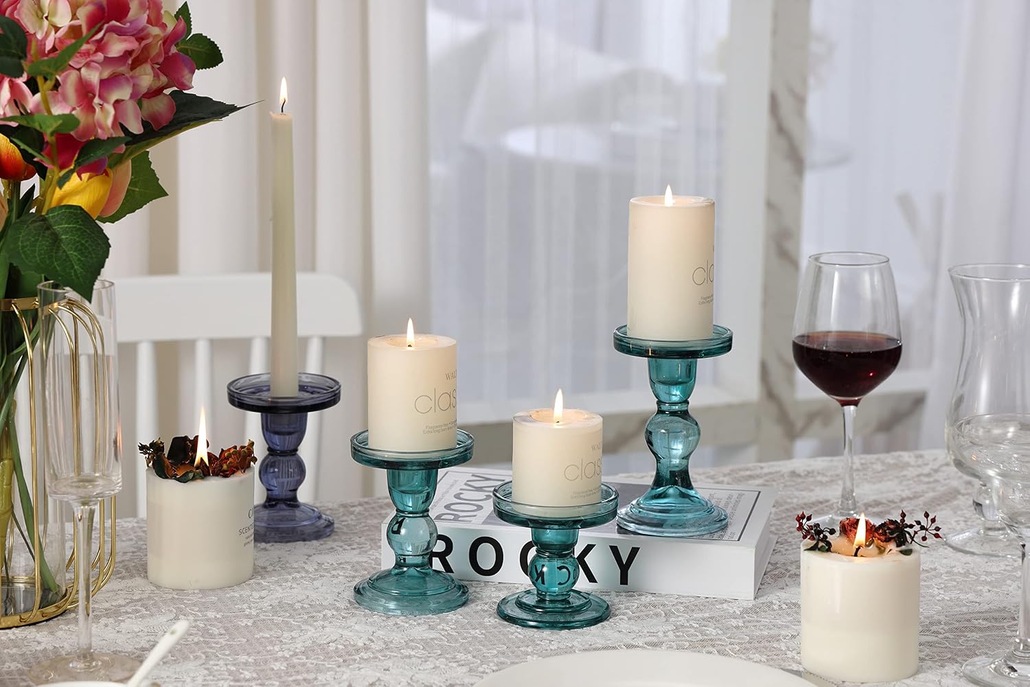 GMWD 3 Pcs Glass Candle Holder Set Clear, Green Candlesticks Holders Pillar Taper Candles Tealight Stand for Wedding Centerpieces Home Decorations Dining Table