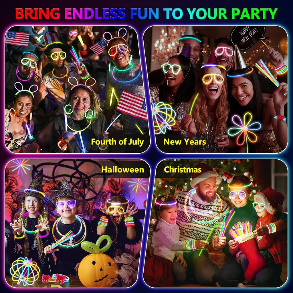 BUDI 467Pcs Glow Sticks Party Favors for Kids Adults Glow in the Dark Party Supplies 4th of July Accessories Neon Decors 200 GlowSticks Bulk 8 Colors 8 Inch & 267 Connectors Necklace Bracelet Glasses