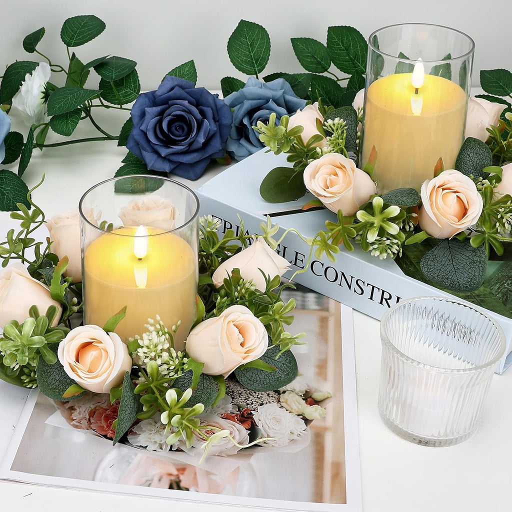 12 PCS Candle Rings with LED Flameless Candles, 3 Inch Artificial Rose Wreaths Eucalyptus Leaves for Table Centerpieces Home Wedding Party Decor, Champagne, 6 Sets