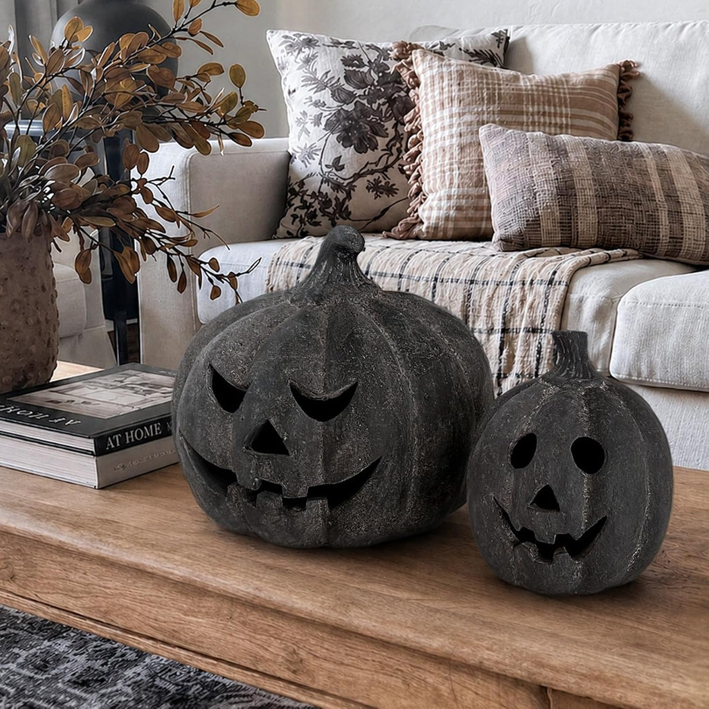 Halloween Decorations - Fall Decor - 7.5"H Black Handmade Terracotta Jack O Lantern Pumpkin for Outdoor Indoor -Cute Spooky Decoration Centerpieces for Tables Porch Yard Home Kitchen Front Door Mantel
