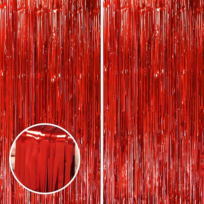 2 Pack Red Tinsel Foil Fringe Curtains, Red Party Decorations, Metallic Tinsel Party Streamers Backdrop for Birthday Red Carpet Christmas Graduation Carnival Valentine's Party Decorations