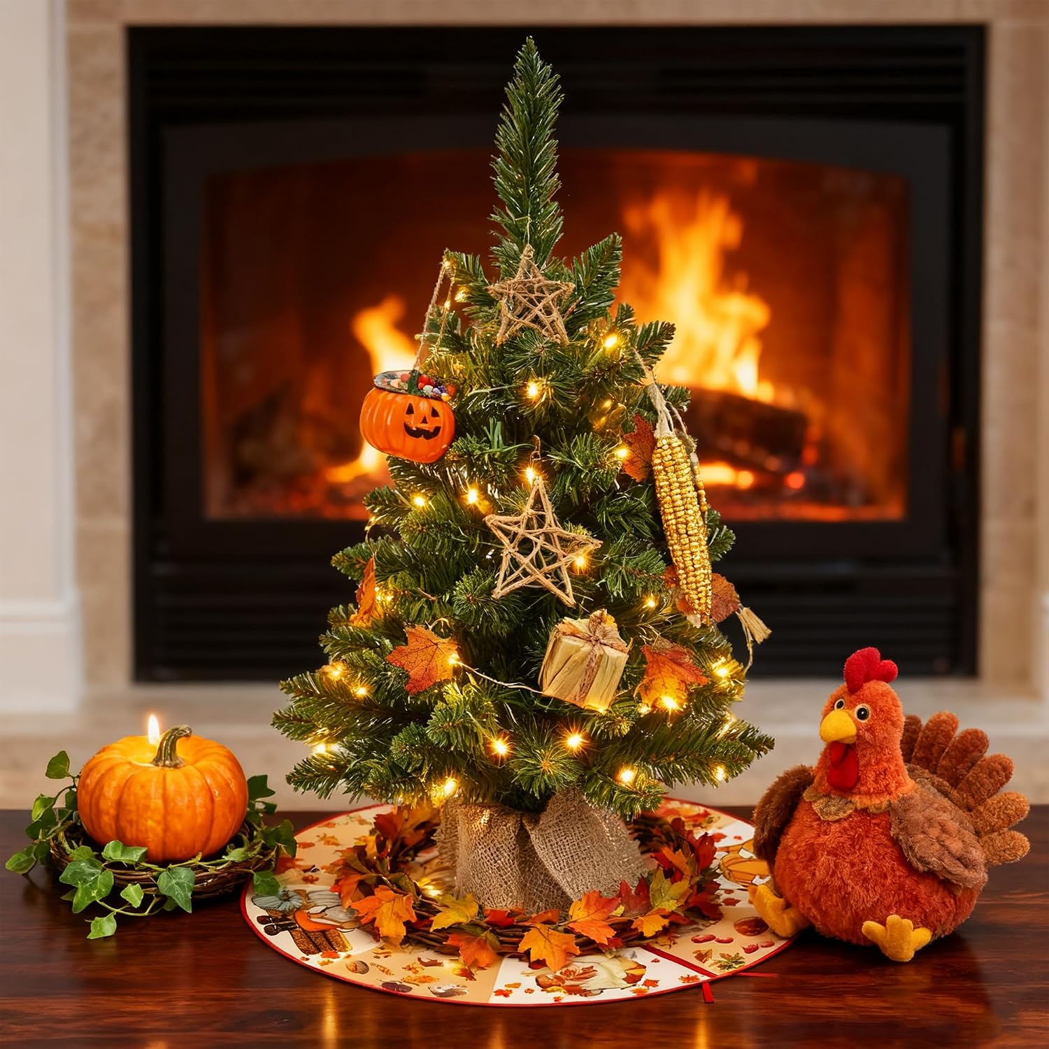 15 Inch Mini Halloween Tree Skirt Fall Thanksgiving Day Tree Skirt Small Reversible Double Sided Print Mat Holiday Party Supplies for Home Tabletop Christmas Tree Decoration