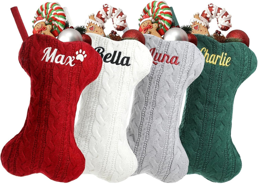 Personalized Dog Christmas Stockings - Custom Embroidered Pet Name & Bone Shape Stocking for Doggie, 15.7” Large Knit Monogram Xmas Stockings for Fireplace Holiday Decor Gift(1 Pack)