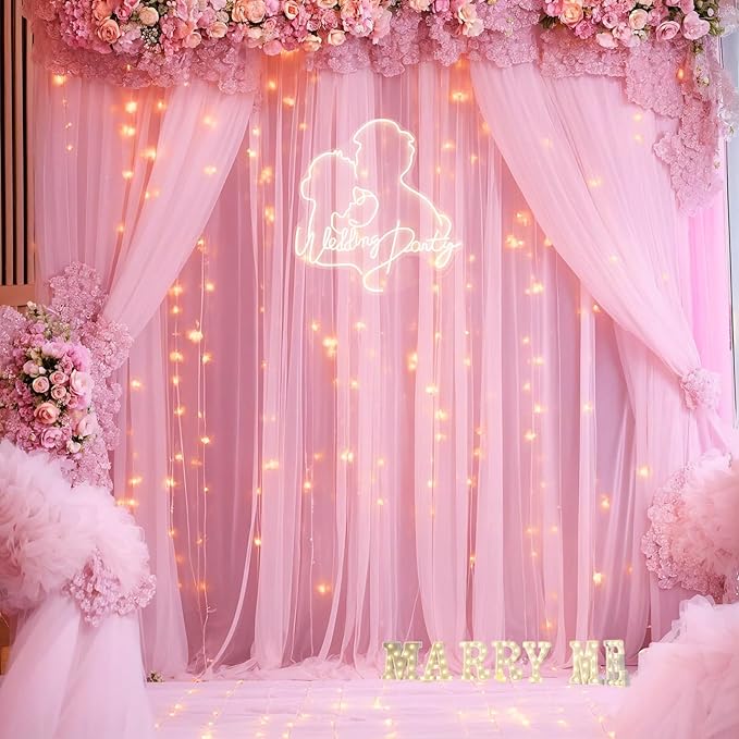 Pink Tulle Backdrop Curtains with Lights String for Parites 10ft×8ft Wrinkle Free Pink Sheer Sparkle Backdrop Curtains for Baby Shower Girls Bridal Shower Birthday Party Photo Shoot Decorations