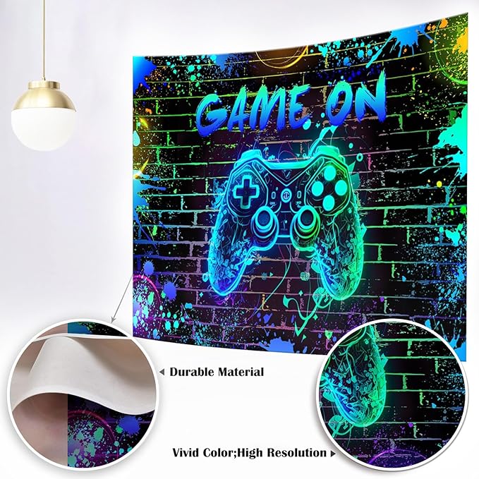 Mocsicka Game On Backdrop Video Game for Boys Level Up Birthday Party Decoration Game Night Arcade Neon Glow Gamer Banner Photography Background (Blue, 6x4ft(72"x48"))