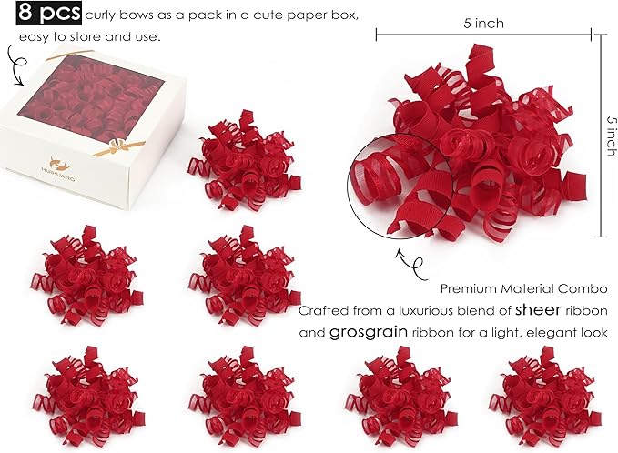 HUIHUANG Red Bows for Gift Wrapping Christmas Gift Bows 5 inch x 8 Counts Self-Adhesive Curly Ribbon Bow for Presents, Paper Bag, Party Favors, Wrapping Accessories, Holiday Wedding Decoration