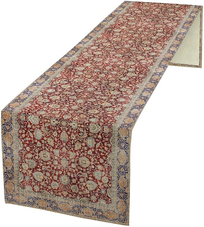 Boho Bohemia Style Table Runner, Vintage Red Blue Retro Flower Rustic Country Style Floral Print Pattern for Home Kitchen Table Decor Dining Coffee Room Garden Party Decor 13x36in