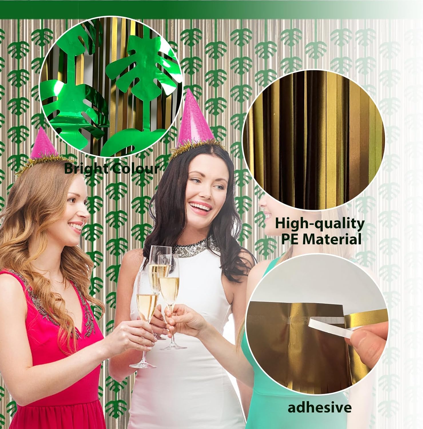 OQOQ Hawaiian Decorations Tinsel Foil Fringe Curtains (4 Pcs) - 3.3x6.6 Ft Dark Gold and Green Tropical Leaves Tinsel Curtains for Summer Jungle Aloha Luau Party Decor Photo Booth Prop Backdrop