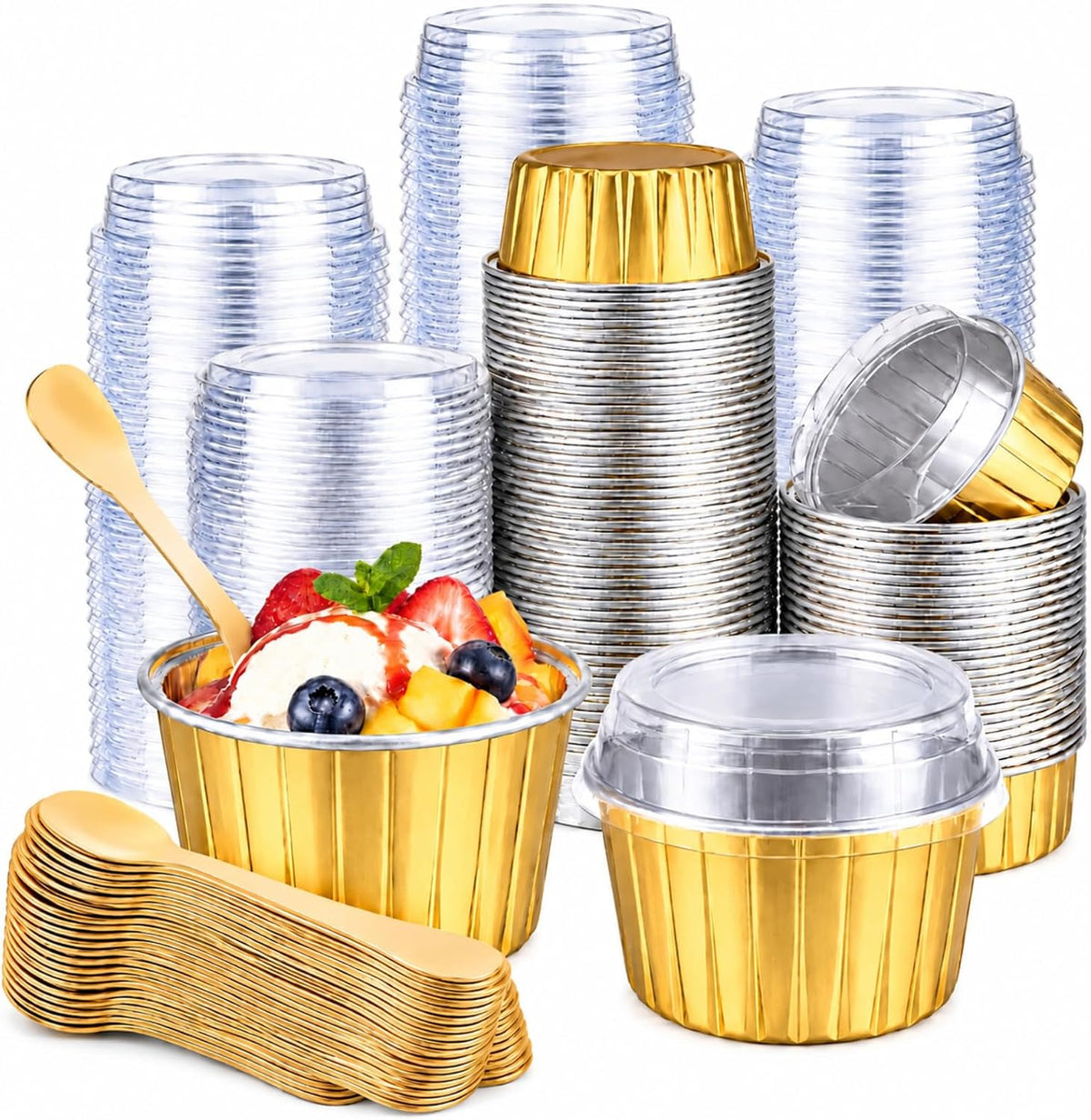 Hushee 300 Set Aluminum Foil Baking Cups with Lid Spoons, Round, Gold