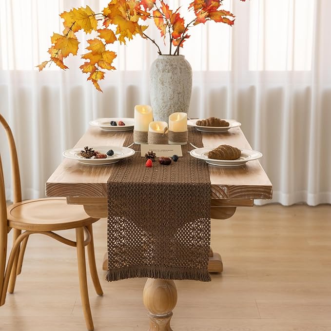 Boho Brown Table Runner for Home Decor 12x48 Inches Farmhouse Macrame Burlap Jute Rustic Dining Kitchen Centerpiece Bohemian Decor French Country Baby Bridal Shower Decorations