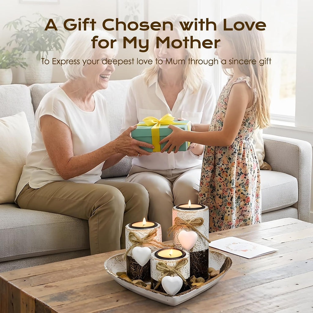 Farmhouse Candle Holders 3 Pack Rustic Wooden Pillar Candle Holder with Heart Tray and Stones Tealight Candles Holders Farmhouse Centerpiece for Coffee Table Mothers Day Valentines Home Decor