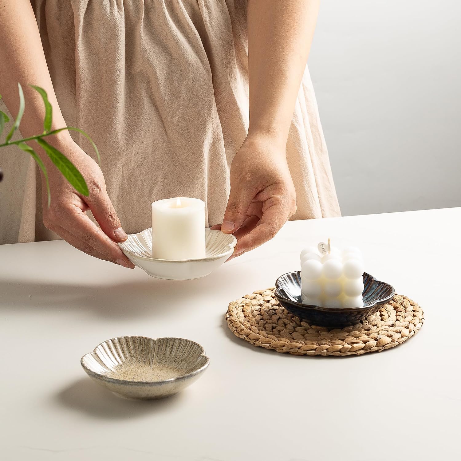 BEUNAIZER Ceramic Pillar Candle Holder, 4.7 in Round Plate Tray for Decor | Works with tealights, flameless pieces, jars or palo santo for flexible styling during dinners, parties or quiet routines.