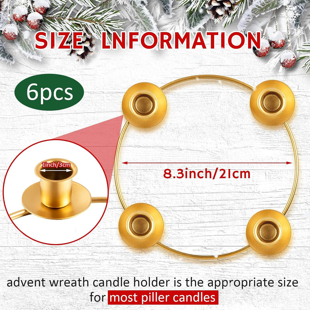 6 Pieces Christmas Advent Wreath Ring Advent Candle Holder Gold Wreaths Rings Xmas Metal Wrought Iron Candlestick Taper Metal Candle Holder for Home Table