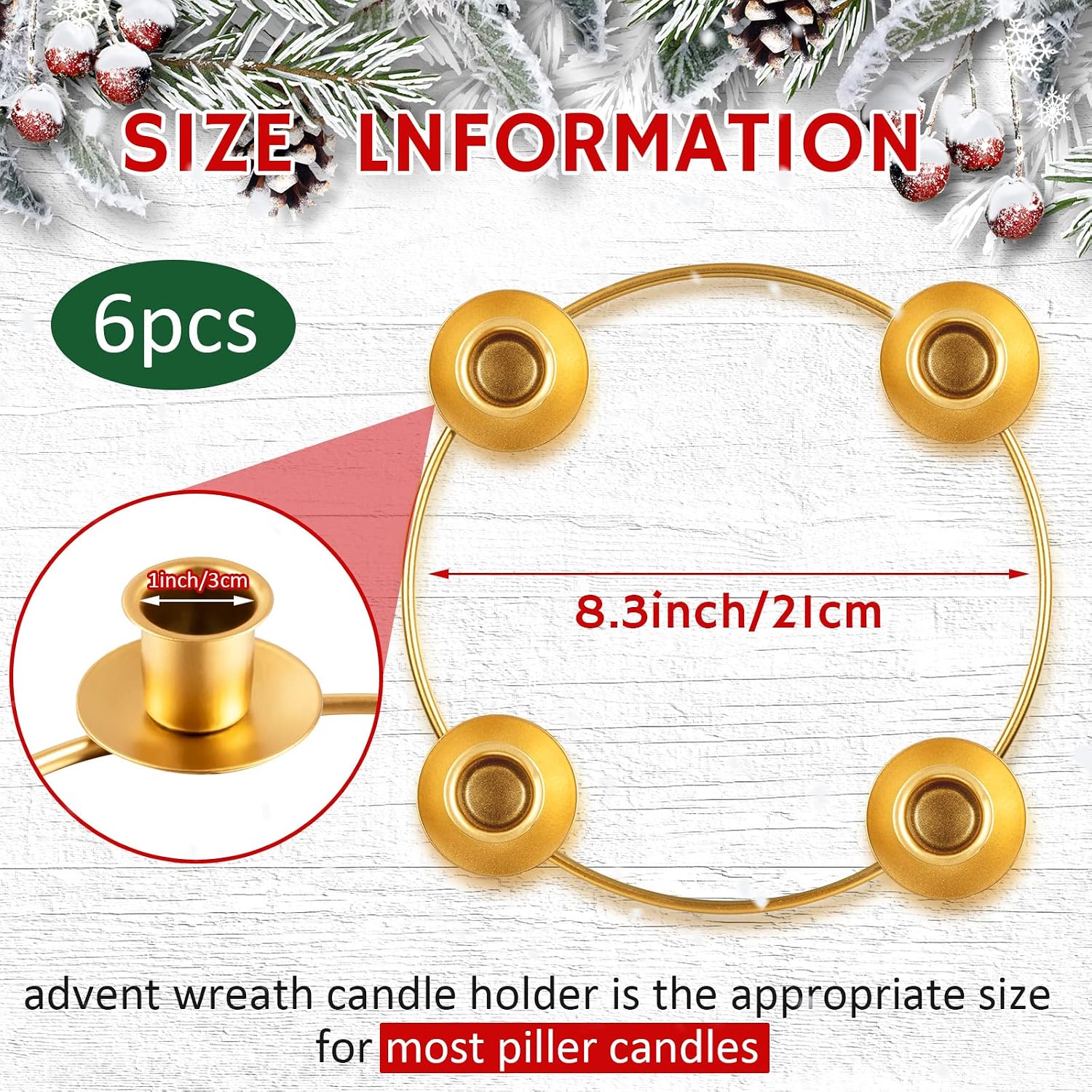 6 Pieces Christmas Advent Wreath Ring Advent Candle Holder Gold Wreaths Rings Xmas Metal Wrought Iron Candlestick Taper Metal Candle Holder for Home Table