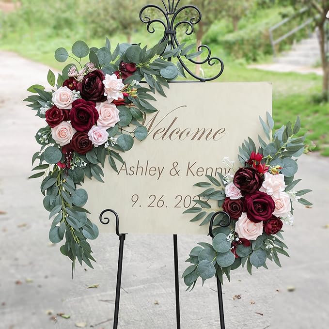 ponatia Wedding Arch Flowers (Pack of 2), Artificial Burgundy Wedding Flowers for Wedding Welcome Signs Decorations and Arch Flower for Wedding Ceremony Reception (Burgundy & Blush)