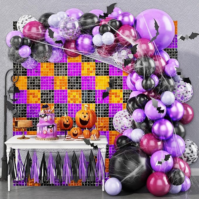 24PCS Black Orange Purple Shimmer Wall Backdrop, Halloween Square Sequin Photo Backdrops Panel, Glitter Wall Background for Birthdays, Weddings, Halloween Party Decor (4FTx6FT)