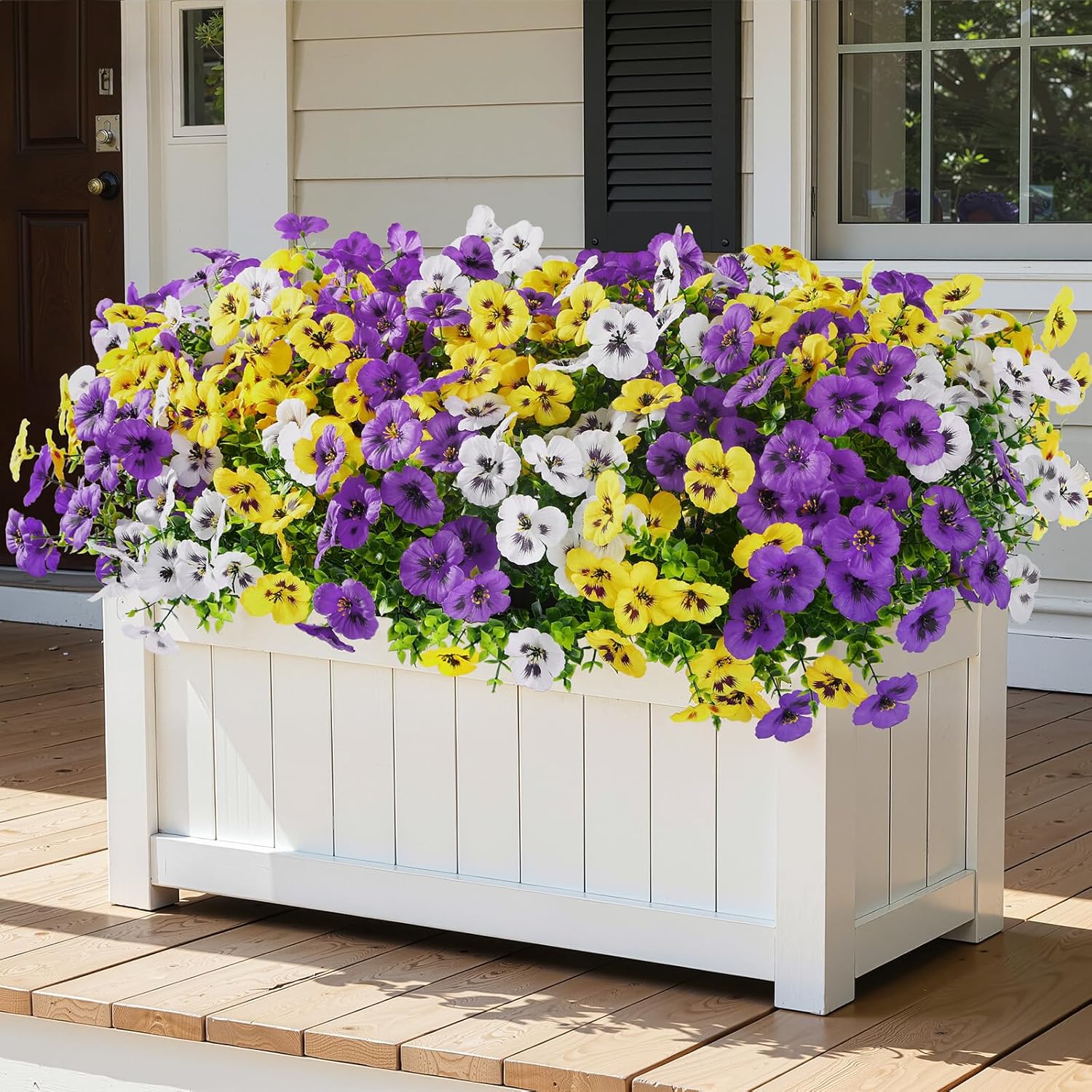Alupssuc 24 Bundles Artificial Flowers for Outdoors Spring Decorations, Big Fake Flowers UV Resistant Realistic Pansies with Eucalyptus Silk Faux Flowers for Porch Yard, Yellow White CrimsonPurple