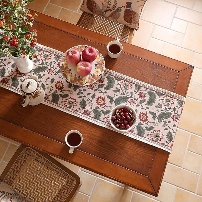 ISAENNE Designer Provence Elegant Linen Extra Long Table Runner 118 Inches,Flower and Leaves Pattern Durable Table Runners for Dining Tables,Thanksgiving,Kitchen Tables,Christmas,12"*118"-Ratina