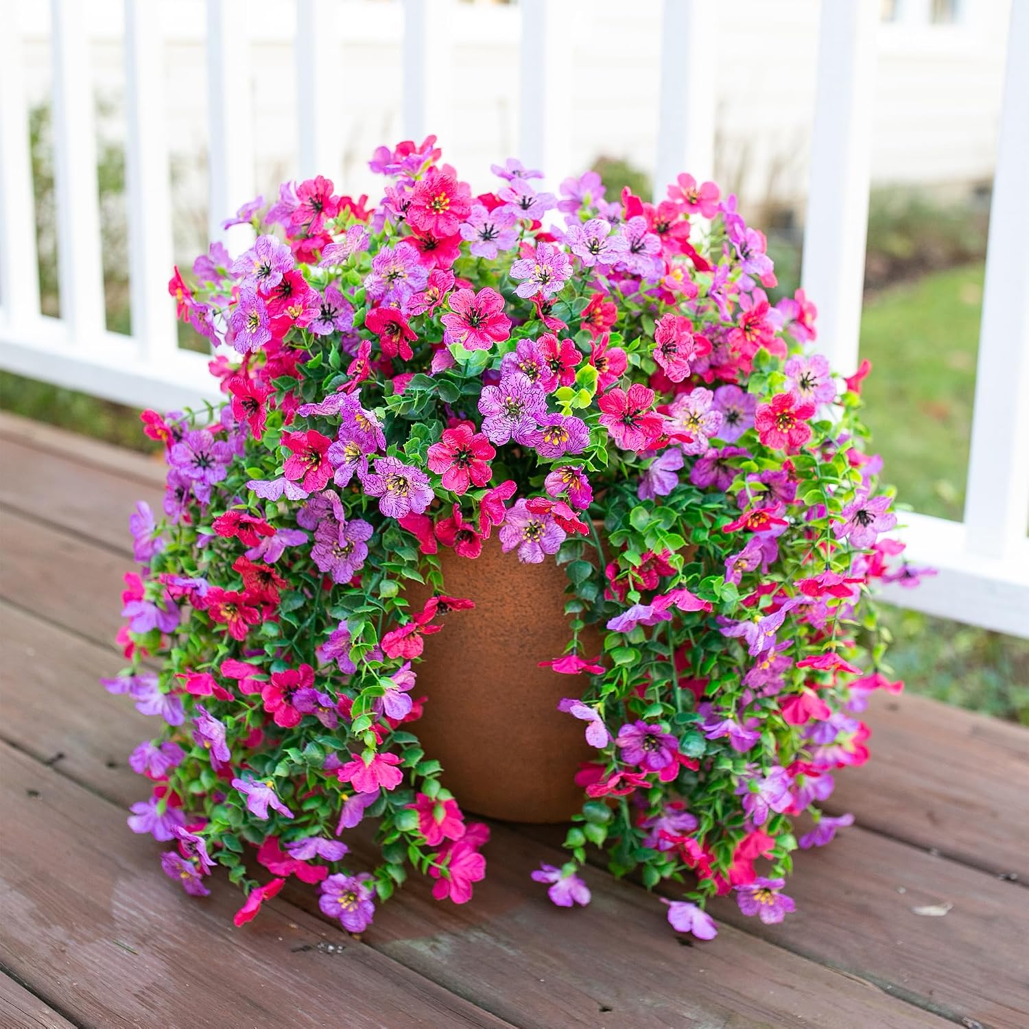 HyeFlora 2Pcs Fake Flowers Artificial Floral for Outdoors Decorations, Outside Flower Decor, UV Resistant Silk Flower for Front Porch Patio Garden(Purple and Hotpink)