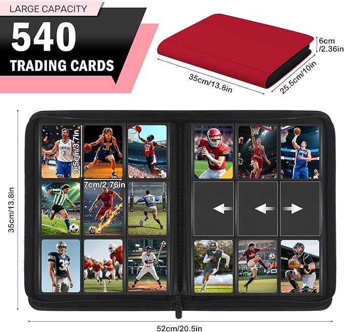 9 Pocket Trading Card Zip Binder, 540 Cards, Premium Baseball Card Storage Album, 30 Side-Loading Pages, Folder for Collectible Games, Sports, TCG, Red